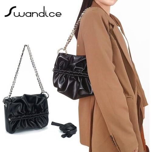 Thick Metal Chain Ring Pleated Wrinkle Baguette Shoulder Bags Women Female Ladies Crossbody Messenger Handbags Niche Purses 2021