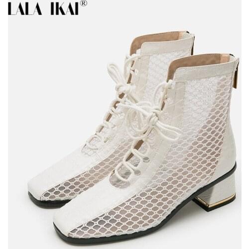 LALA IKAI 2020 NEW Fashion Lace-up Mesh Boots for Women Med Heels Square Toe High HeelS Shoes Woman Hollow Out Boots XWC10238-4
