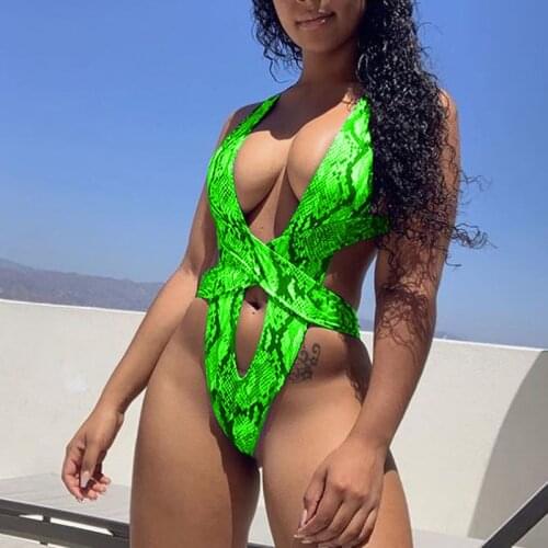 Cross Bandage Monokini Snake print One piece swimsuit sexy Neon Green Swimwear women one-piece Bathing suit Cutout Beach Bathers