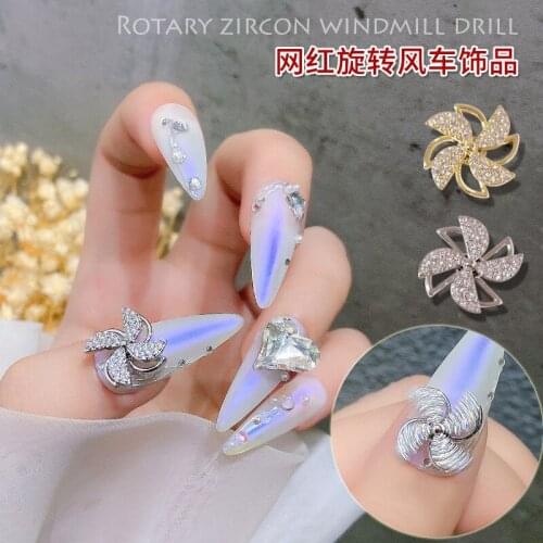 2PCS Nail Rotary Windmill Golden/Silver Jewelry 3d Metal Charms,10*10mm/14*14mm Zircon Diamond Nail Decor DIY Transfer Beads#rt2