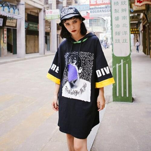 2019 Summer Hip Hop Style Loose T Shirt Hooded Women Letter Pring Short Sleeve Casual Tshirt Oversize