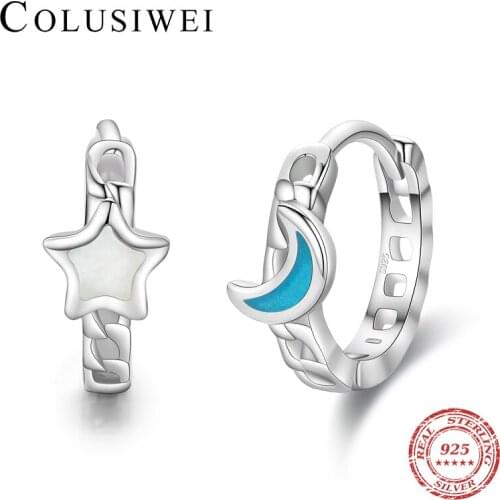 Colusiwei Cute Enamel Star Moon Asymmetry New 925 Sterling Silver Hollow Chain Hoop Earring for Women Romantic Jewelry Brincos