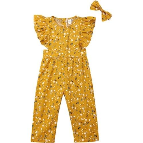 2019 Baby Girls Floral Romper Summer Kids Clothes Toddler Fly Sleeve Romper Ruffle Jumpsuit+Headband Princess Outfit 2pcs 1-6T