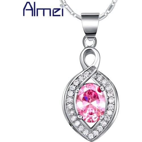 Almei Long Necklace With Pink Blue Stone Women Wedding Jewerly Purple Cubic Zircon Statement Necklaces Pendants Jewelry N1128