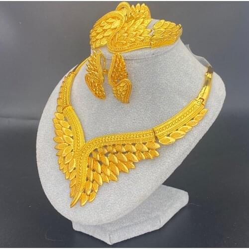 Dubai Collar African Jewelry Sets for Women 24k Gold Necklace Bracelet Plumage earrings ring set jewelry Ethiopian Wedding Gifts