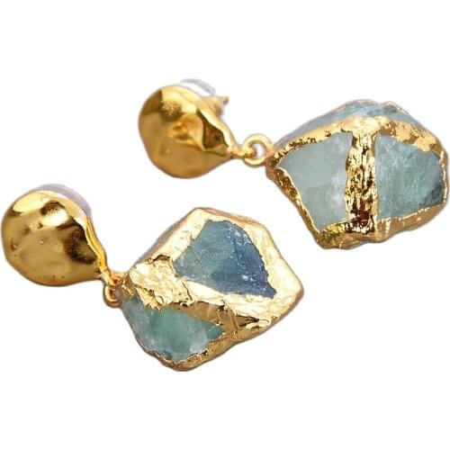 GG Jewelry Natural Green Gems Fluorite Nugget Golden Plated Earrings