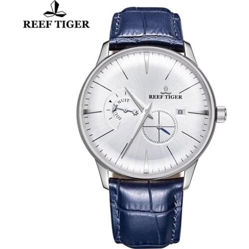 Reef Tiger/RT Top Brand Mens Dress Mechanical Watch Stainless Steel Case Genuine Leather Strap Sapphire Glass Automatic Watches