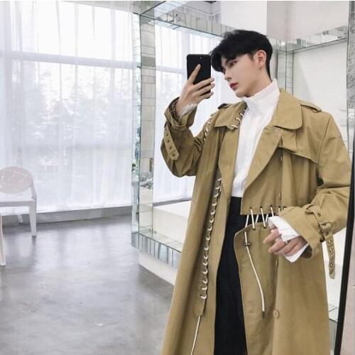 Mens trench coats drawstring rope connection man mid-length coat men clothes slim fit overcoat long sleeve 2020 new designer