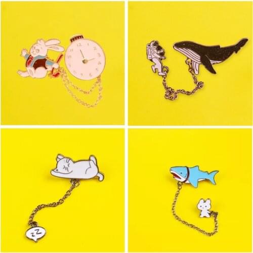 Chain Animals Series Set Decorative Pins Whale Cat Bunny Metal Badges On Clothes Accessories For Jewelry Gift Pin Lapel Brooch