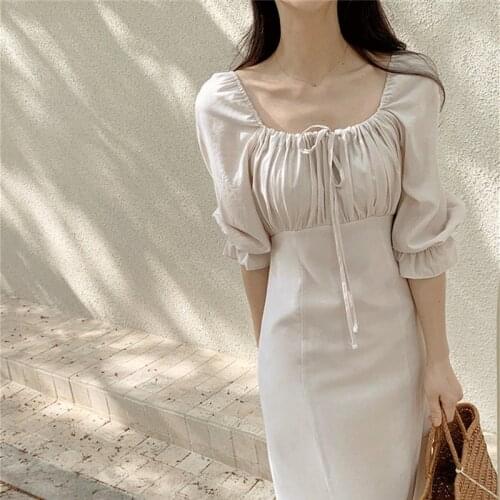 2021 New Summer Women Dresses Square Collar High Waist Puff Sleeve Elegant Fashionable Korean Style Vintage Long Dresses DR2236