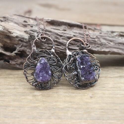Antique Copper Necklace Raw Amethysts Druzy Pendants,Natural Purple Quartz Geode Magic Meditation Chains Retro Jewelry,QC3045