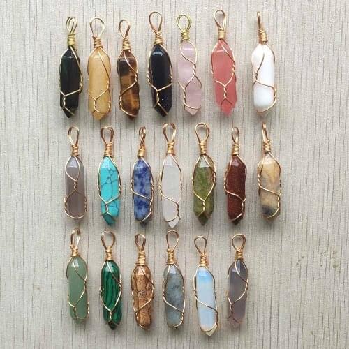Natural stone mix pillar shape point handmade golden iron wire pendants for jewelry making free shipping Wholesale 20pcs/lot