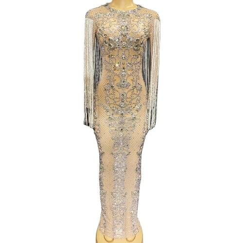 Rhinestones Floral Costume Women Floor-Length Split Fork Dress Long Fringe Dresses Party Costume Nightclub Dance Show Wear