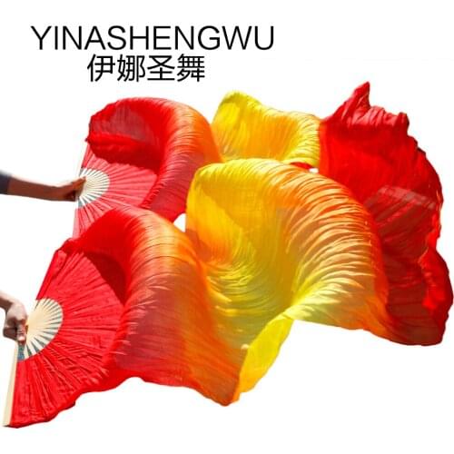 Dance Fans Bamboo Ribs Natural Silk Stage Performance Props Dye Fans Women Belly Dance Silk Fans red+orange+yellow +rorange+red