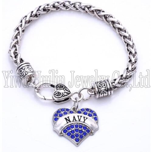 NAVY BLUE Crystal Heart Charm With 20CM Wheat Chain Lobster Claw Bracelet