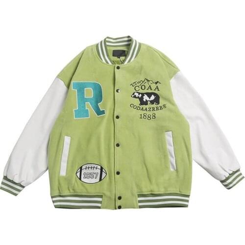 Vintage Bear Embroidery PU Leather Patchwork Baseball Jacket Men Women Coats Gothic Avocado Green Casual Jackets Women Outwear