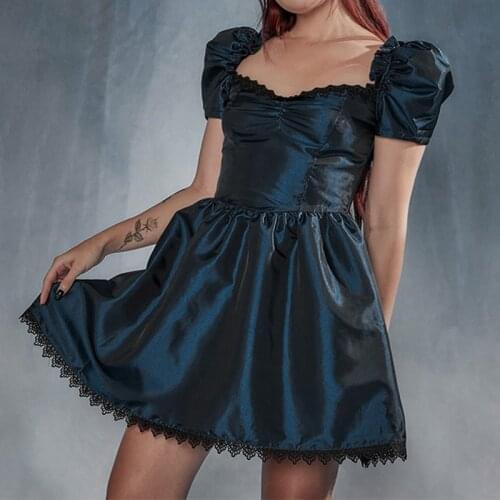 Gothic Lace Lolita Dress Vintage Square Neck Puff Sleeve Party Dress Summer A Line Front Ruched Mini Dress