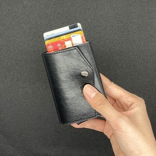 Vintage Trifold Leather RFID Mini Card Wallet for Men Women Metal ID Bank Card Case Aluminum Creidt Card holders with Coin Purse