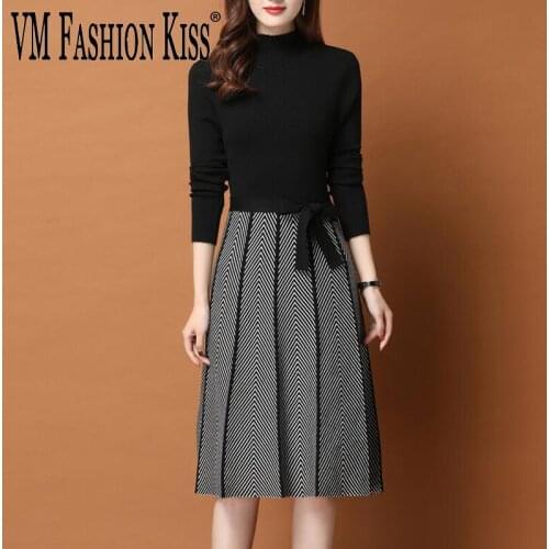 VM FASHION KISS Woman Dress Fashion A-line Skirt Suit Womans Clothing Dresses Autmn/Winter Round Neck Sweaters Pleated Skirt