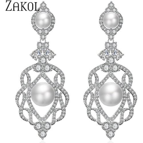 ZAKOL Luxury Flower Cz Zirconia Crystal Long Dangle Earrings for Elegant Women Wedding Bridal Pearl Jewelry EP2331