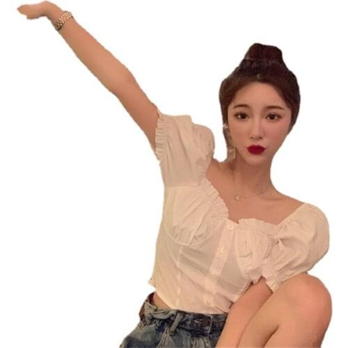 Women French Puff Sleeves Blouse Exquisite Slim Ballet Shirts Summer New Self-cultivation Short Shirt Single-breasted Crop Tops