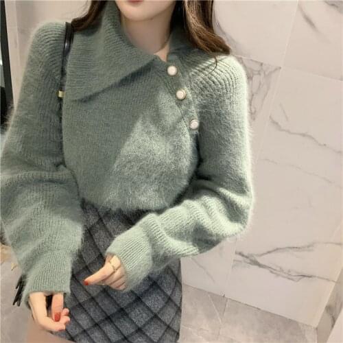 Winter Sweater Woman Diagonal Bow Of Button Lrregular Lapel Short Loose Version Mohair Joint Languid is Lazy Style Pullover
