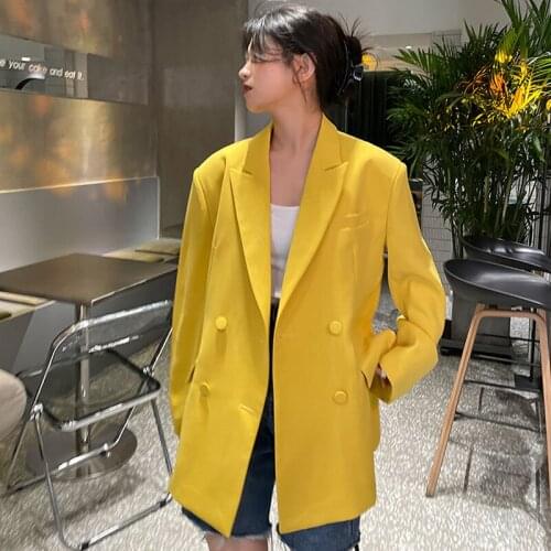 Korean Mid-length Bright Yellow Blazers Spring Autumn 2021 New Women Casual Loose Lapel Double-breasted Long Sleeve Suit Jacket