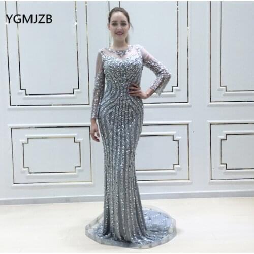 Real Photo Robe De Soiree 2020 Luxury Evening Dress Mermaid Long Sleeves with Crystal Women Arabic Formal Prom Party Gown