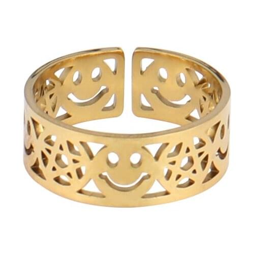 Stainless Steel Happy Smiley Face Open Rings For Women Vintage Crying Face Adjustable Ring Creative Circle Cute Simple Ring Gift