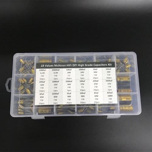18 Values Nichicon FW/FG HiFi DIY High Grade Audio capacitor assorted kit box assortment 6.3V~100V, 10uF~3300uF total 241pcs