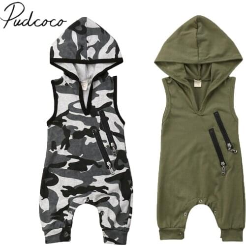 2019 Baby Summer Clothing Newborn Toddler Baby Boy Fashion Hooded Rompers Camouflage Print Sleeveless Zip Jumpsuits 0-24M
