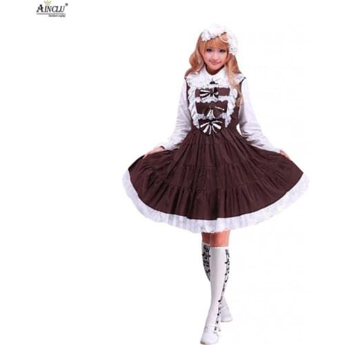 Ainclu Free Shippng Hot Selling XS To XXL Cemavin Womens Cotton Brown Sleeveless Classic Lolita Cute Dress for Adults