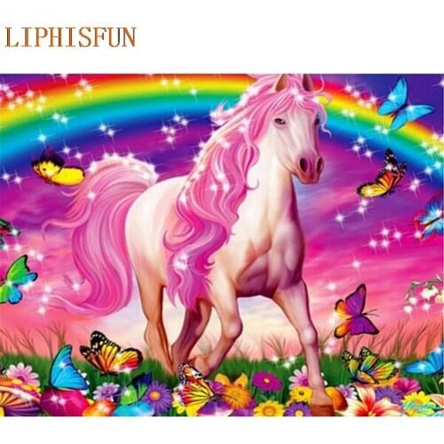 Diamond Painting Cross Stitch Full Square Round Picture of Rhinestone DIY Mosaic Embroidery Rainbow Horse New Year Gift