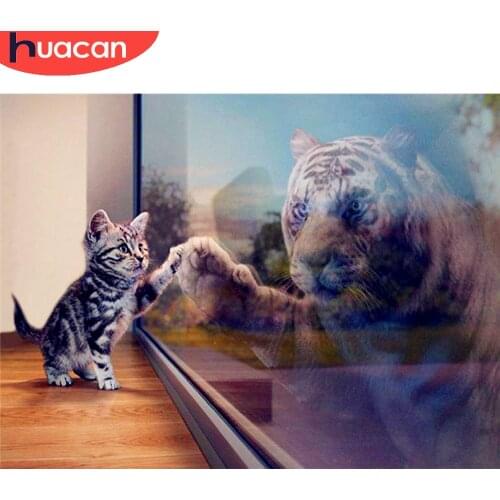 HUACAN Diamond Painting Animal Cat Tiger Full Drill Embroidery Mosaic Window Cross Stitch Diamond Art Wall Stickers