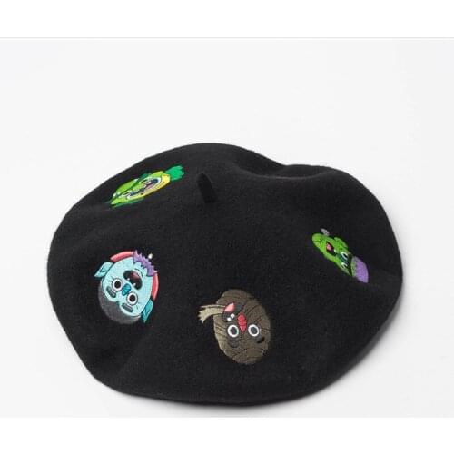 Europe autumn and winter new cartoon face embroidery Wool Women Beret painter Hat Women autumn and winter fashion warm bud hat