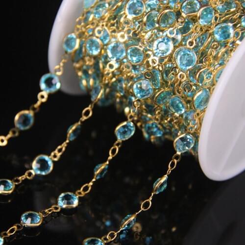 Sky Blue Glass Rosary Chains 6mm Faceted Flat Round Coin Beads Link Gold Plated Brass Chains DIY Bracelet Necklace Jewelry Bulk