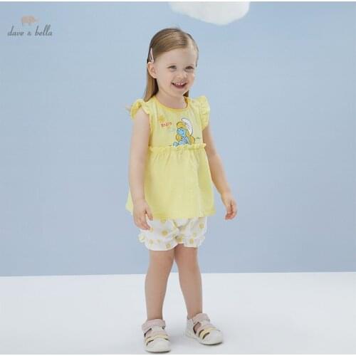 DBM18379 dave bella summer baby girls cute cartoon dots print clothing sets kids fashion short sleeve sets children 2 pcs suit