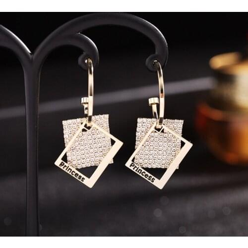 HUAMI Double Layer Square Princess Earrings Korea Fashion Copper Plating Real Gold Earrings Hook 925 Silver Needle Women Jewelry
