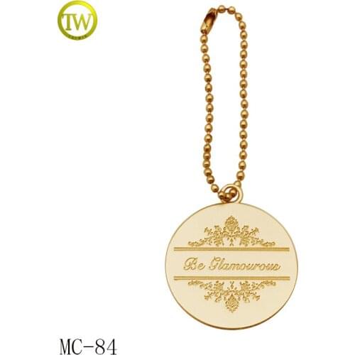 Custom handbag misty gold metal ball chain hang tag metal logo label for bags