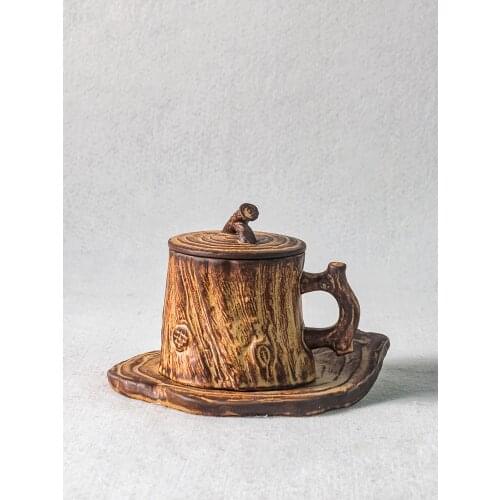 Handmade Stoneware Coffee Cup Personality With Handle Coffee Mug Creative Retro Art Lmitation Wood Tea Cup Saucer