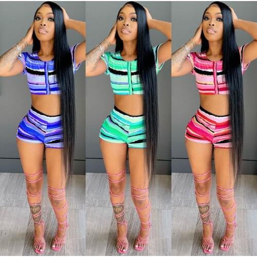 Echoine Patchwork Striped Print Button Crop Top Tee Shirt Shorts Set Tracksuit lounge wear Fitness Matching Set Summer Outfits