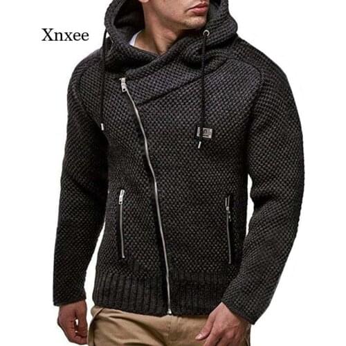 2021 New Autumn and Winter Mens Sweater Casual Zipper Cardigan Sweater Full Sleeve Hooded Knitted Sweater Solid Color Jacket