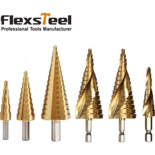 6pcs/set Titanium Coated HSS Straight+Spiral Core Drill Bit Set 4mm to 12mm/20mm/32mm Drill Step Hole Cutter Set Cut Tool Set