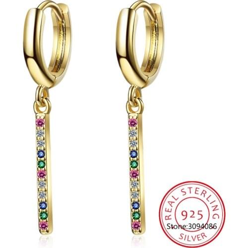 Delicate Rainbow CZ Bar Hoop Earrings 925 Sterling Silver Hanging Geometry Earrings For Women Huggie Jewelry Korean Earrings