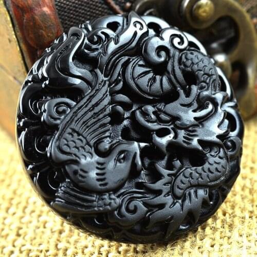 Fashion Natural Black Obsidian Hand-carved Dragon Phoenix Pendant Necklace Fine Statues Jewelry For Women Men Free Rope