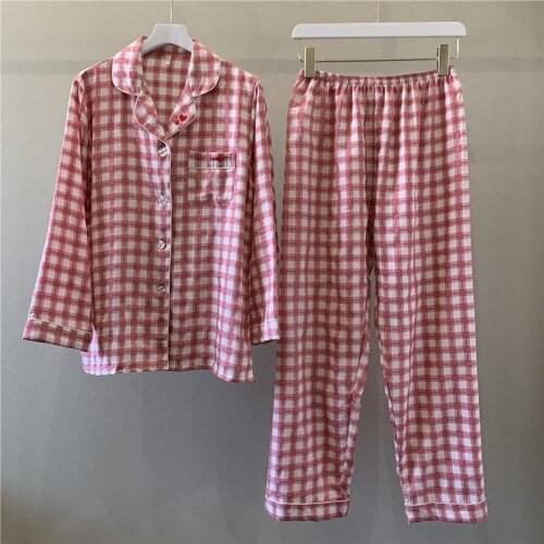 Pajama woman spring autumn long sleeved pajama pure cotton simple check lady home wear cardigan type can wear a suit
