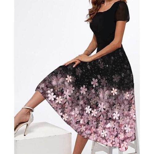 Autumn Women Casual Beach Holiday Long Dress Elegant Square Neck Short Sleeve Floral Print Dress Lady Fashion Summer Party Dress
