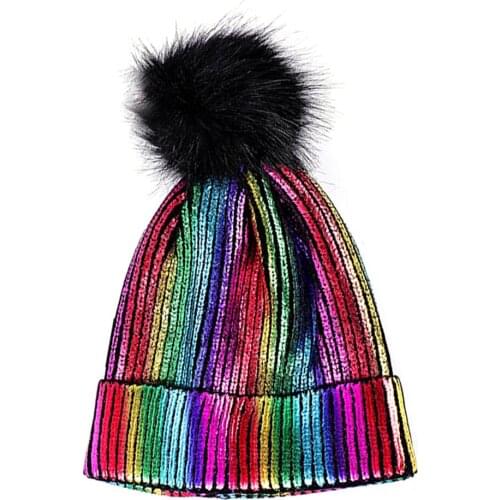 Hot Knitted Bronzing Gold Silver Beanie Cap Pompom Winter Hats For Women Fur Pom Pom Ball Hat Ladies Girls Warm Skullies Beanies