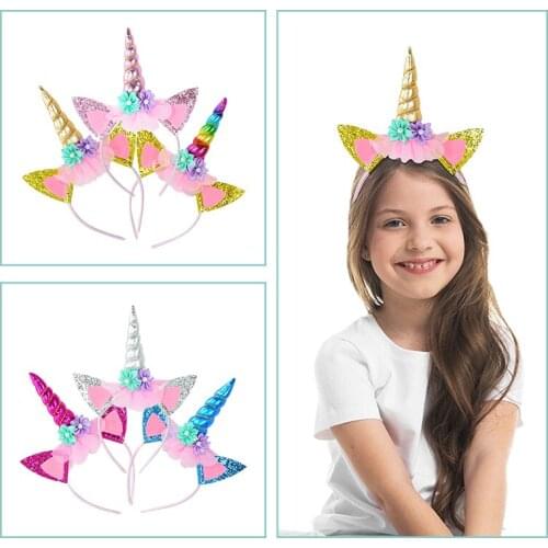 1Pc Plastic Unicorn Horn Hairband Animals Ear Headband With Flower For Birthday Stage Show Turban Decor Fashion Hair Accessories