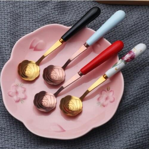 New Stainless Steel Rose Flower Shape Coffee Spoons Dessert Spoon Ice Scoop Gold Silver Kitchen Accessories